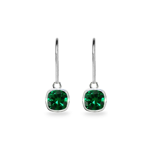 Sterling Silver Simulated Emerald 6mm Cushion-Cut Bezel-Set Dainty Dangle Leverback Earrings