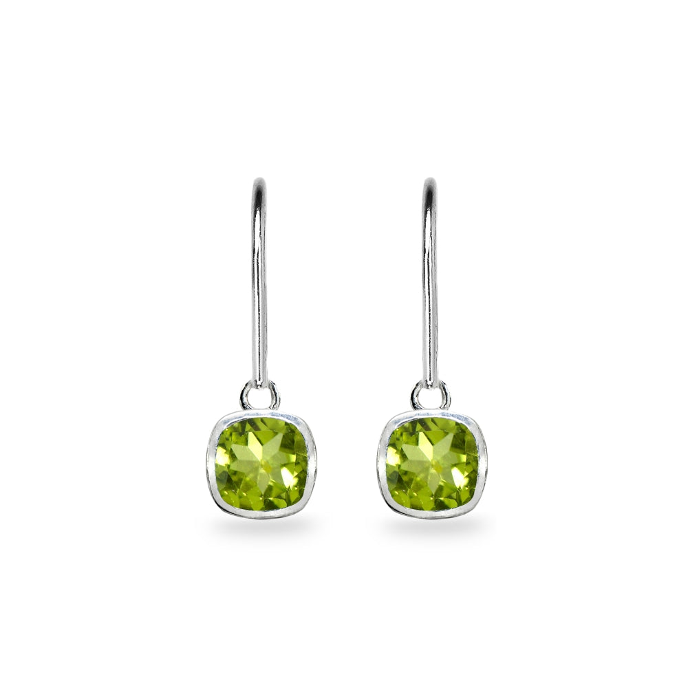 Sterling Silver Peridot 6mm Cushion-Cut Bezel-Set Dainty Dangle Leverback Earrings-2