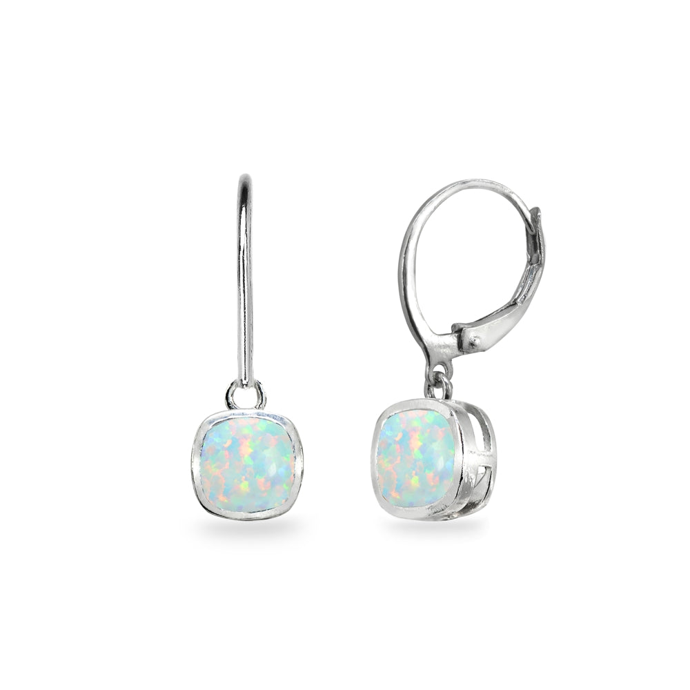 Sterling Silver Created White Opal 6mm Cushion-Cut Bezel-Set Dainty Dangle Leverback Earrings
