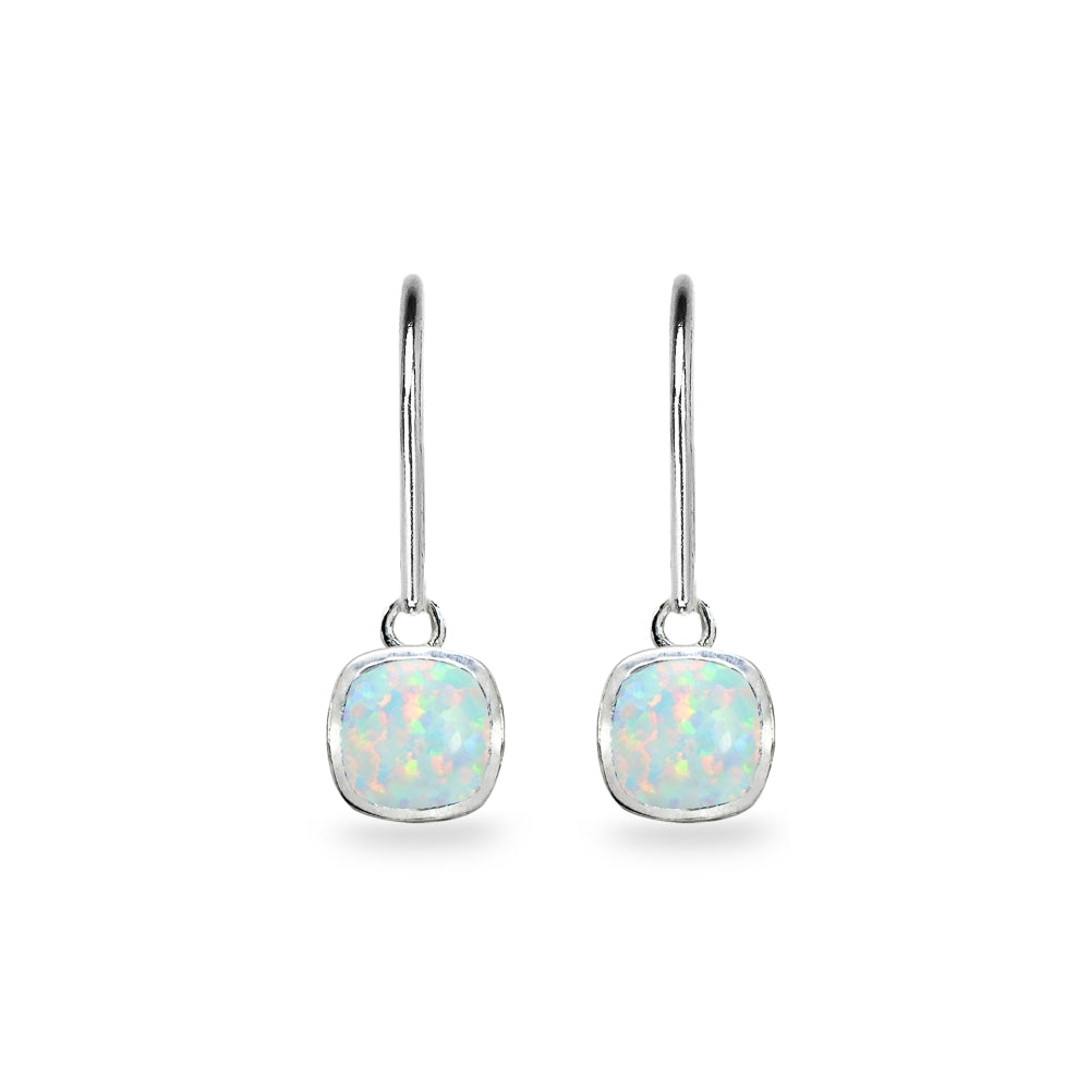 Sterling Silver Created White Opal 6mm Cushion-Cut Bezel-Set Dainty Dangle Leverback Earrings-2