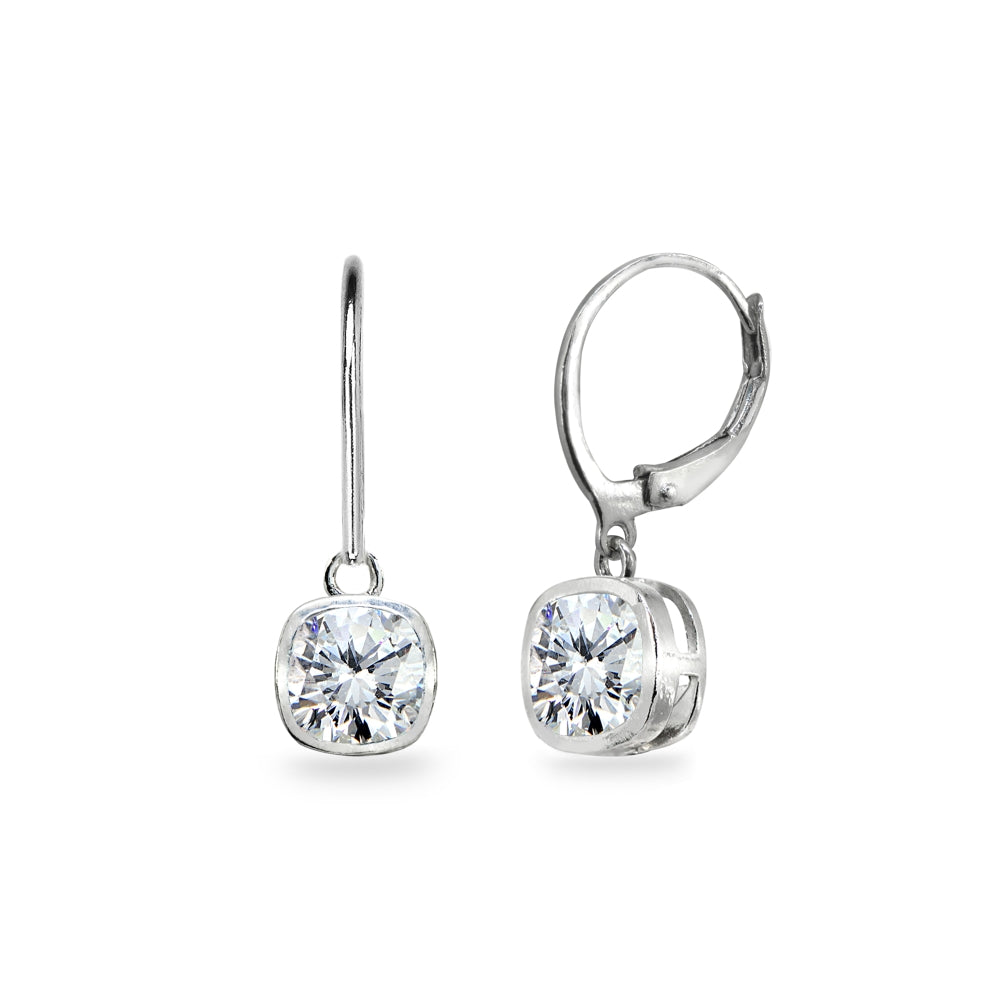 Sterling Silver Cubic Zirconia 6mm Cushion-Cut Bezel-Set Dainty Dangle Leverback Earrings
