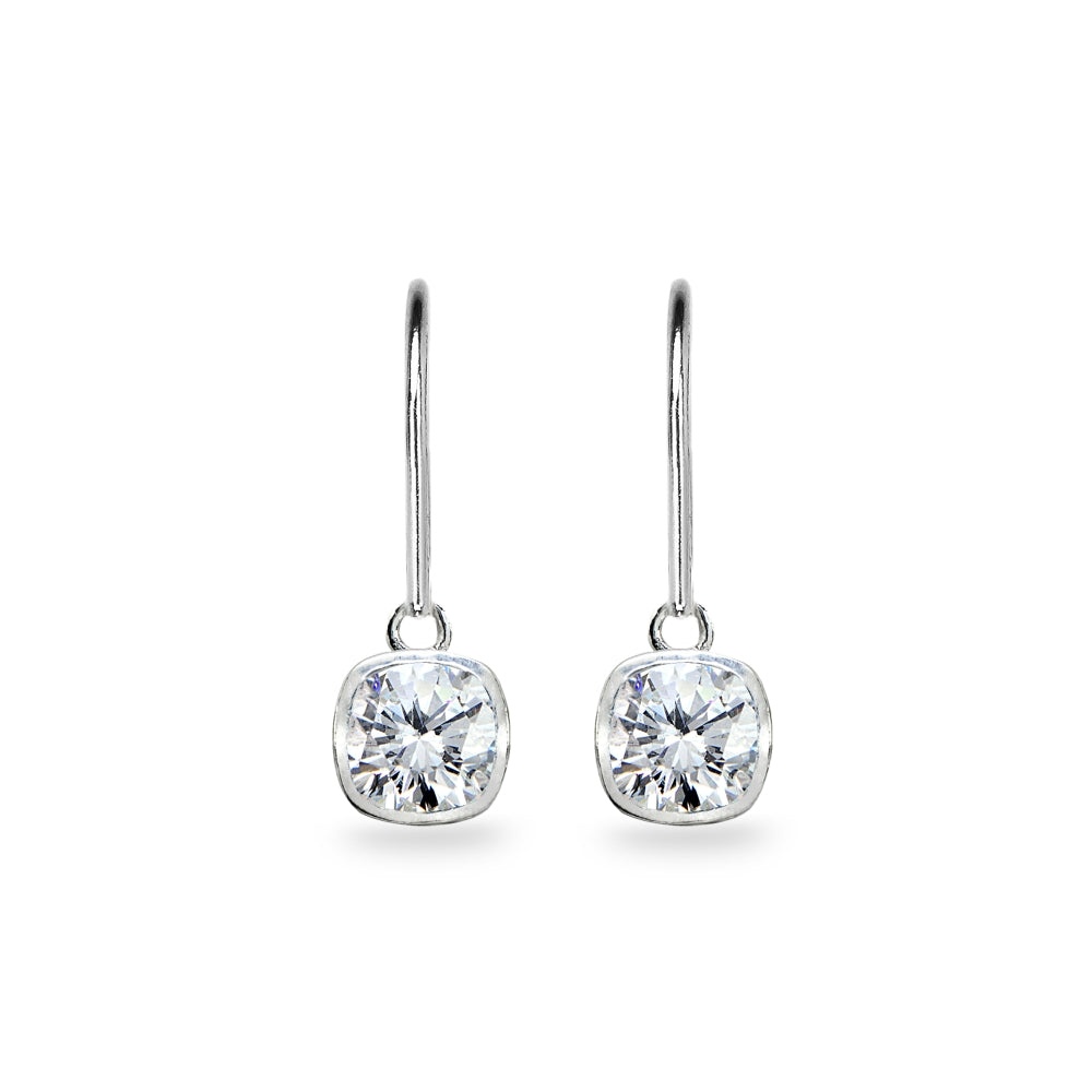 Sterling Silver Cubic Zirconia 6mm Cushion-Cut Bezel-Set Dainty Dangle Leverback Earrings-2