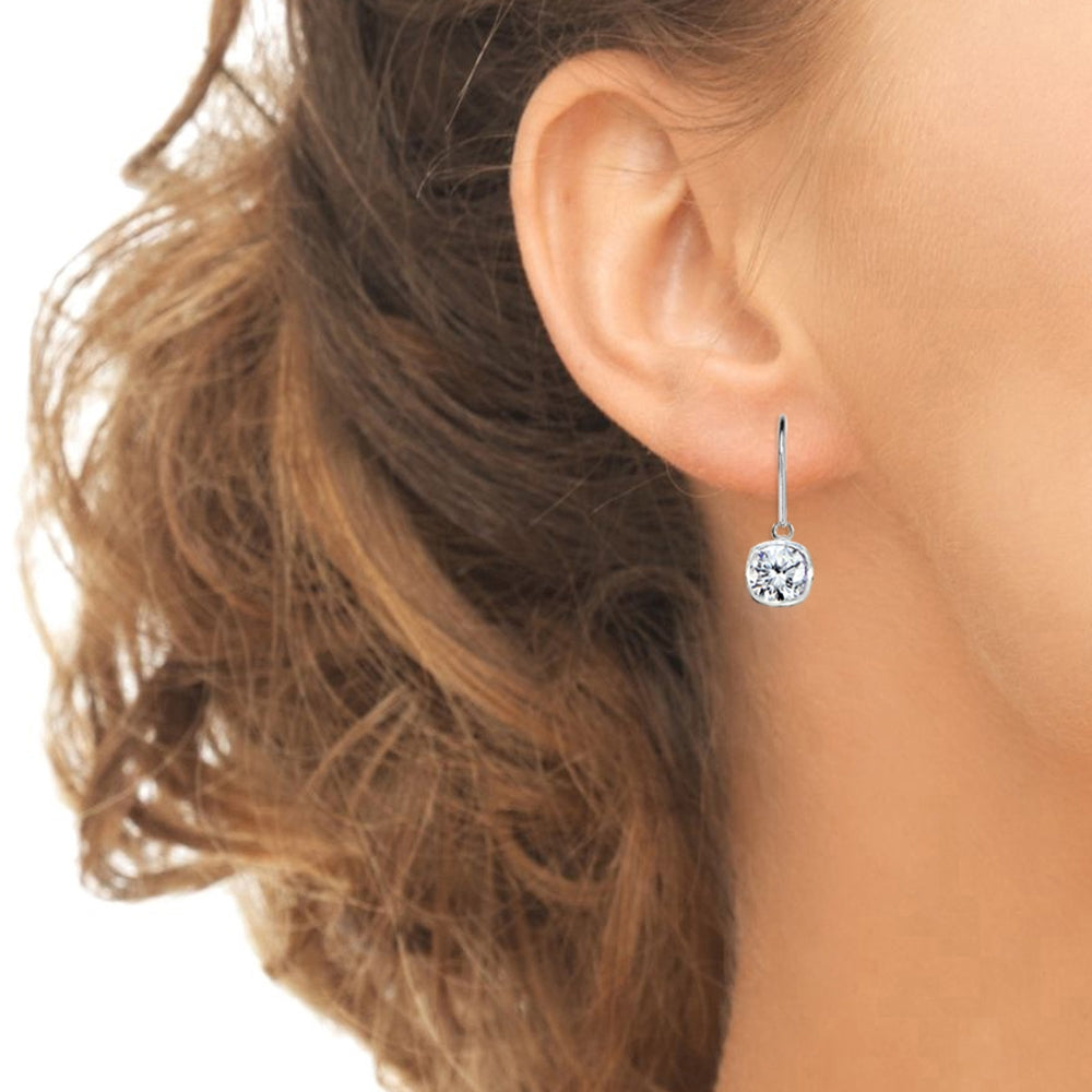 Sterling Silver Cubic Zirconia 6mm Cushion-Cut Bezel-Set Dainty Dangle Leverback Earrings-3
