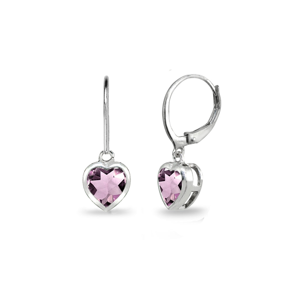 Sterling Silver Created Alexandrite 6mm Heart Bezel-Set Dainty Dangle Leverback Earrings