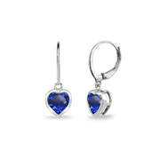 Sterling Silver Created Blue Sapphire 6mm Heart Bezel-Set Dainty Dangle Leverback Earrings