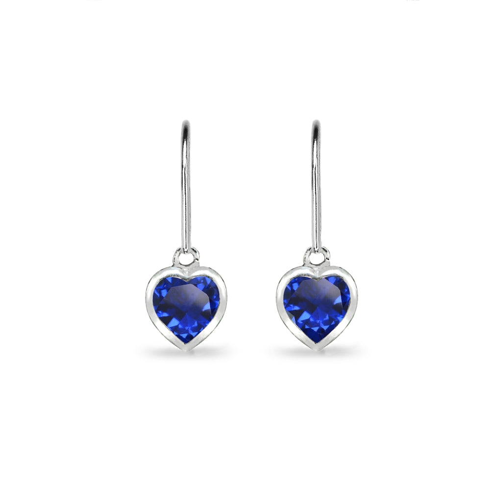 Sterling Silver Created Blue Sapphire 6mm Heart Bezel-Set Dainty Dangle Leverback Earrings-2