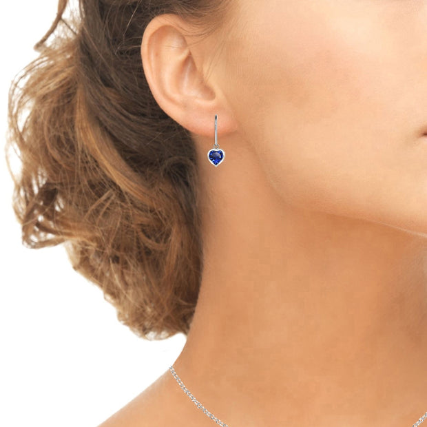 Sterling Silver Created Blue Sapphire 6mm Heart Bezel-Set Dainty Dangle Leverback Earrings