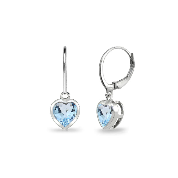 Sterling Silver Blue Topaz 6mm Heart Bezel-Set Dainty Dangle Leverback Earrings