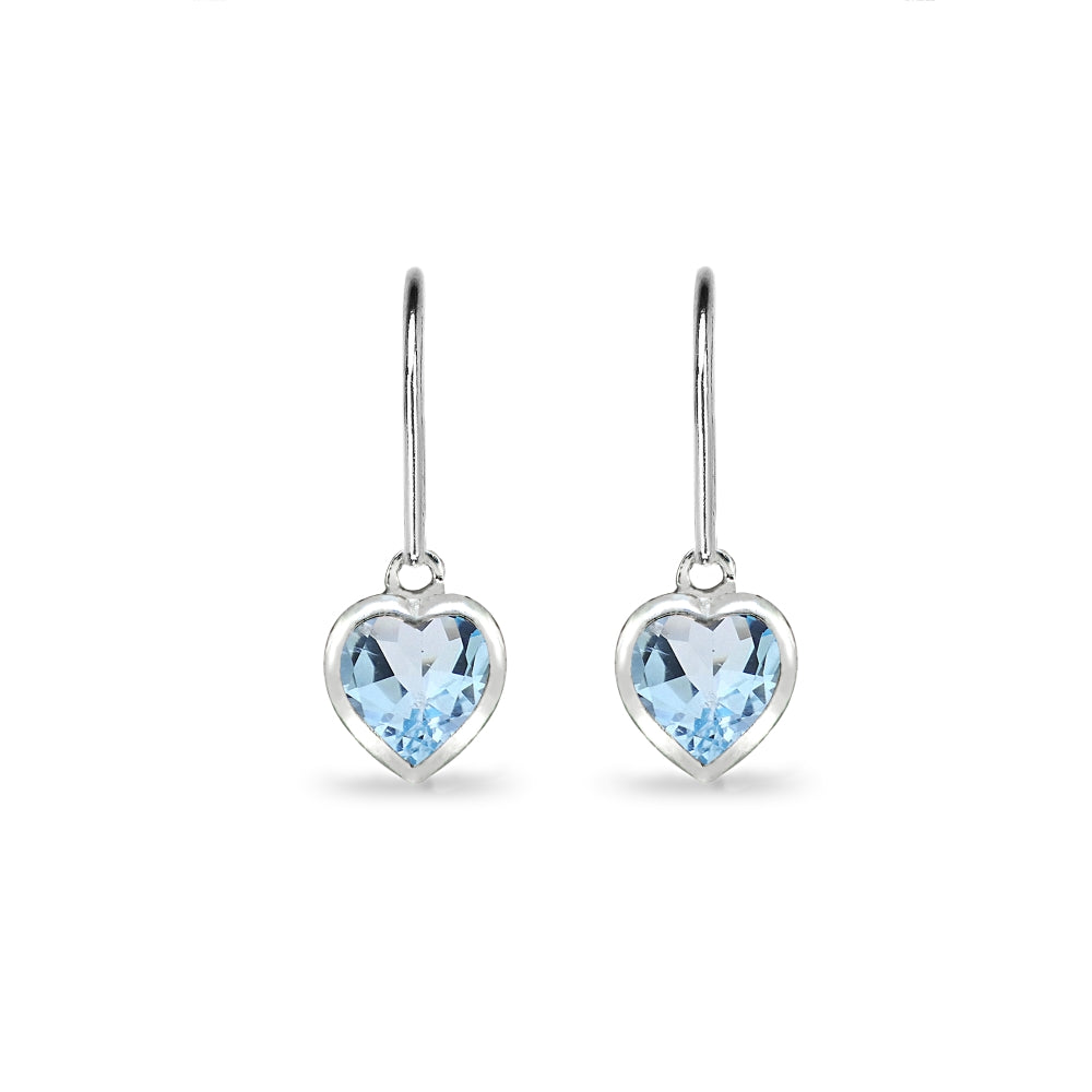 Sterling Silver Blue Topaz 6mm Heart Bezel-Set Dainty Dangle Leverback Earrings-2