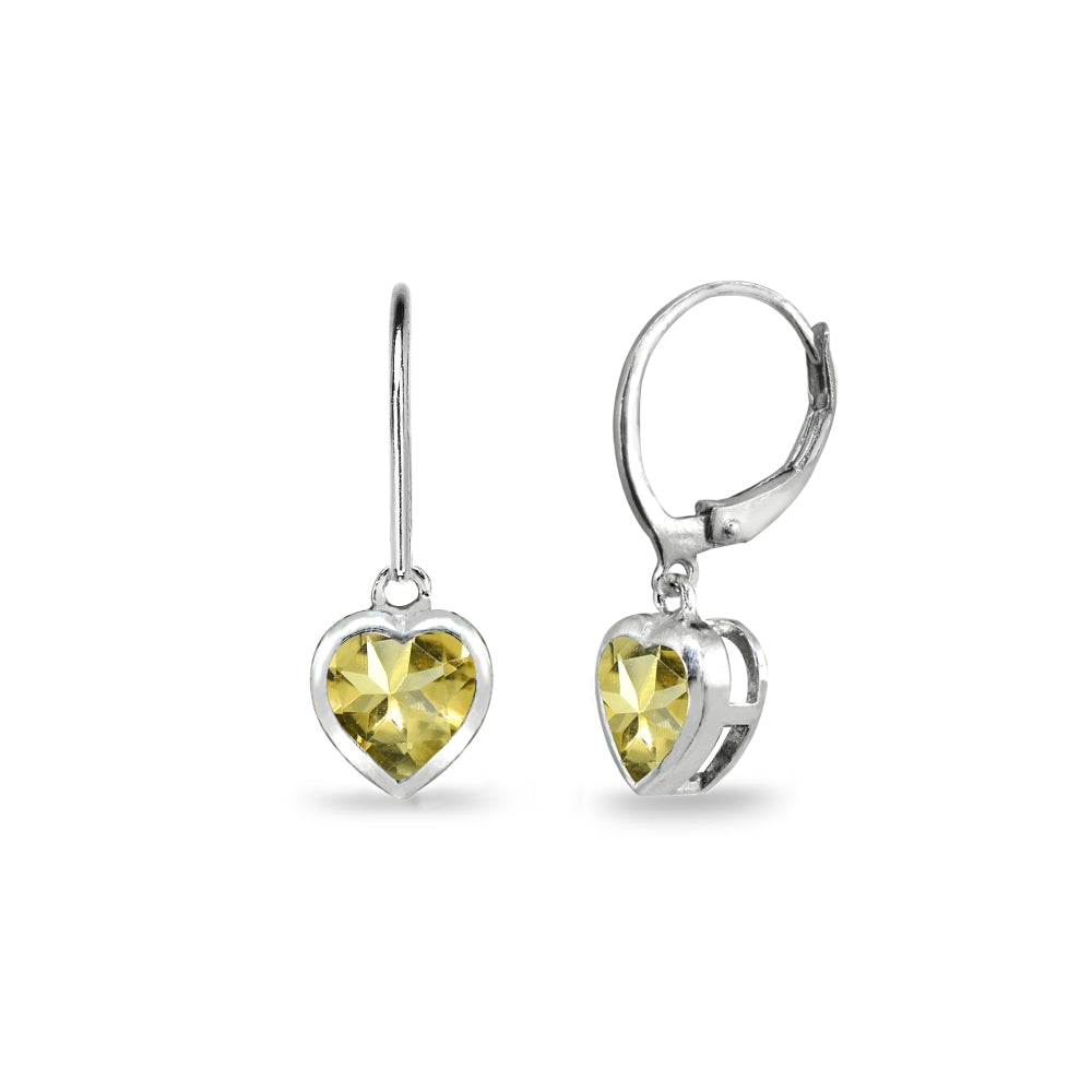 Sterling Silver Citrine 6mm Heart Bezel-Set Dainty Dangle Leverback Earrings