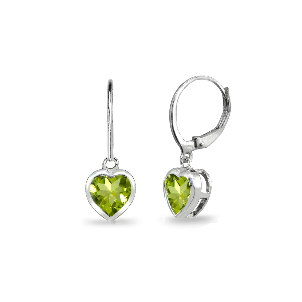 Sterling Silver Peridot 6mm Heart Bezel-Set Dainty Dangle Leverback Earrings
