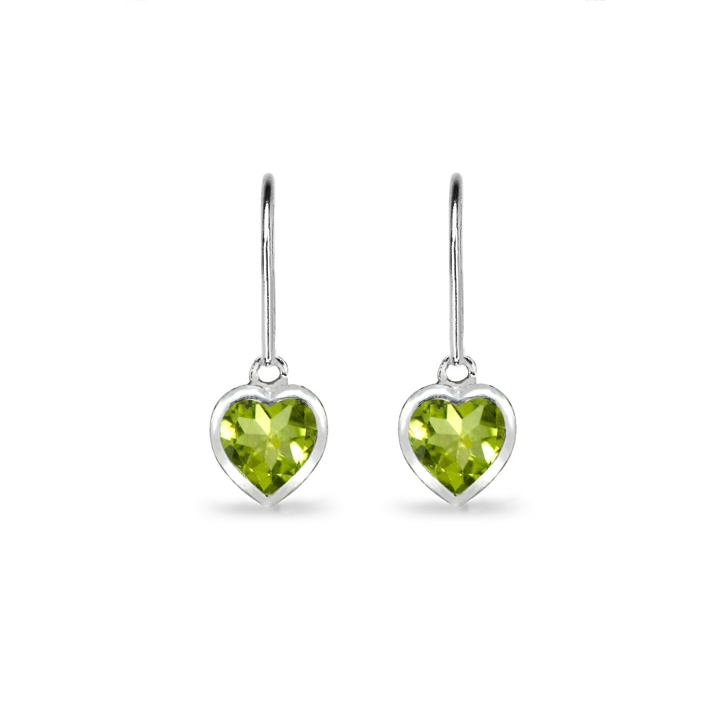 Sterling Silver Peridot 6mm Heart Bezel-Set Dainty Dangle Leverback Earrings-2