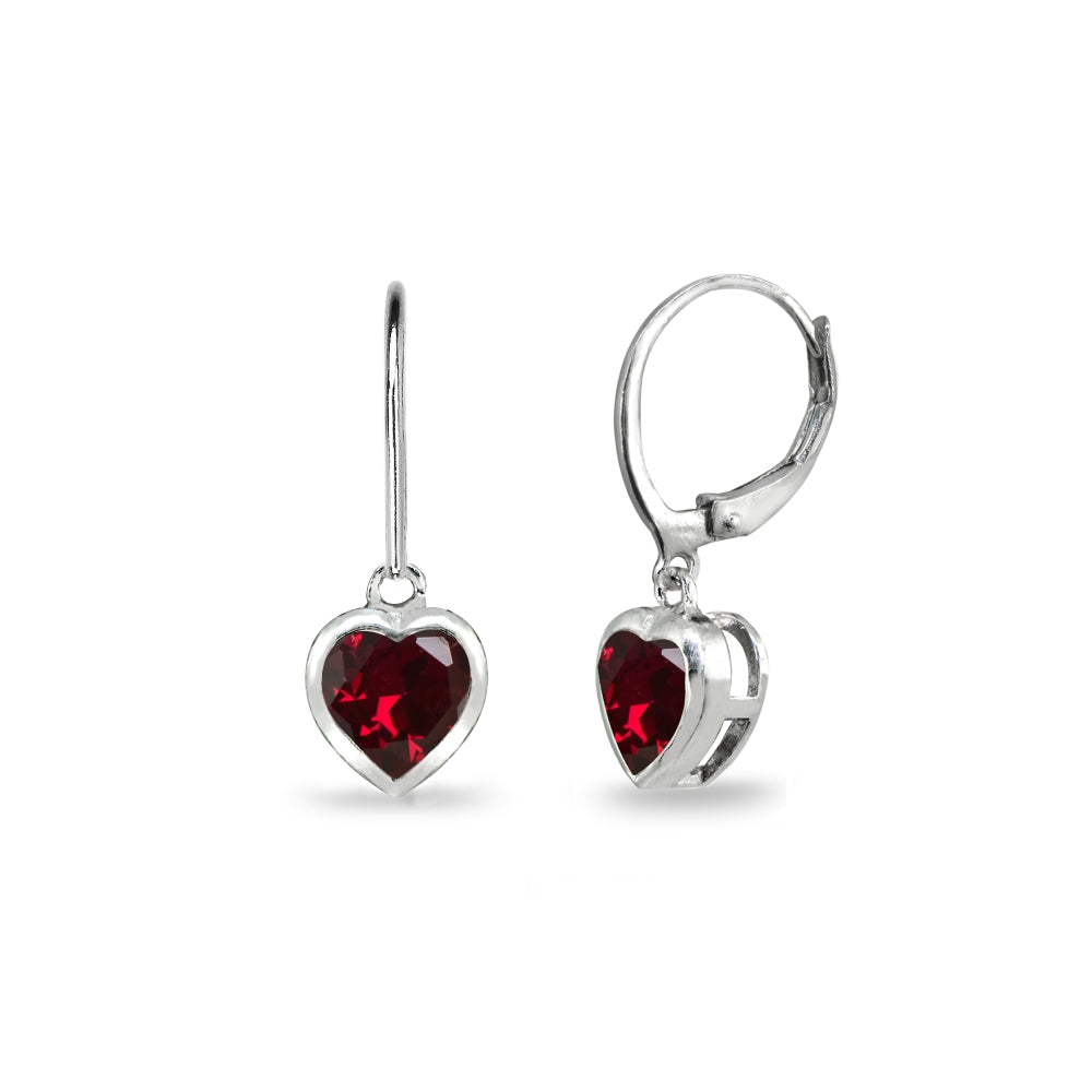 Sterling Silver Created Ruby 6mm Heart Bezel-Set Dainty Dangle Leverback Earrings