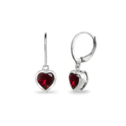 Sterling Silver Created Ruby 6mm Heart Bezel-Set Dainty Dangle Leverback Earrings