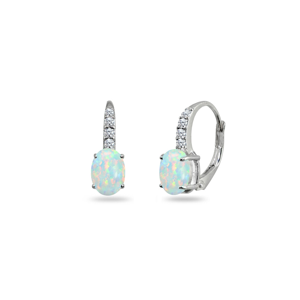 Sterling Silver Created White Opal & Cubic Zirconia 7x5mm Oval-Cut Leverback Huggie Earrings