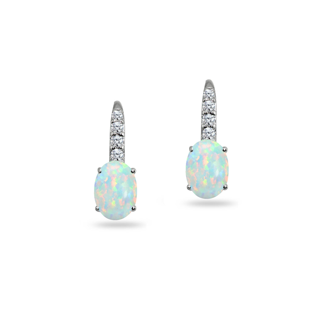 Sterling Silver Created White Opal & Cubic Zirconia 7x5mm Oval-Cut Leverback Huggie Earrings-2