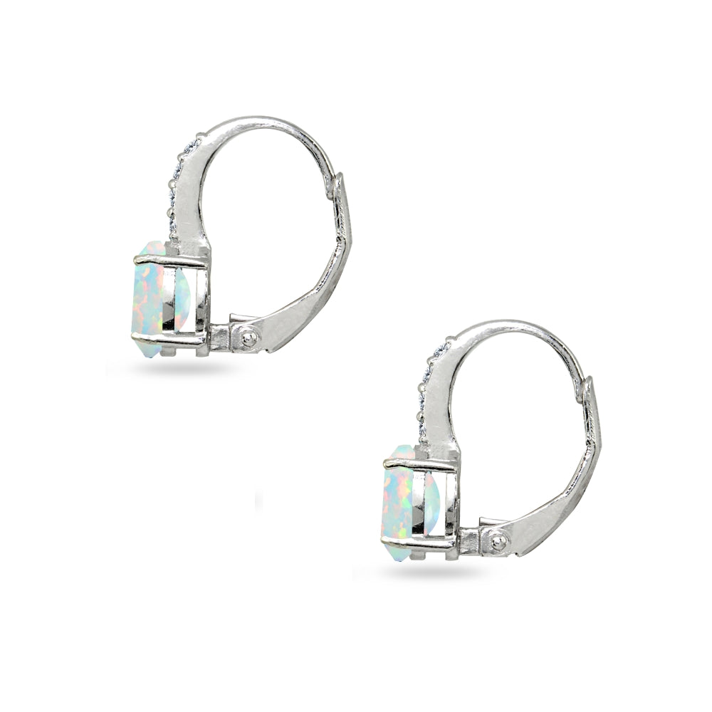 Sterling Silver Created White Opal & Cubic Zirconia 7x5mm Oval-Cut Leverback Huggie Earrings-3