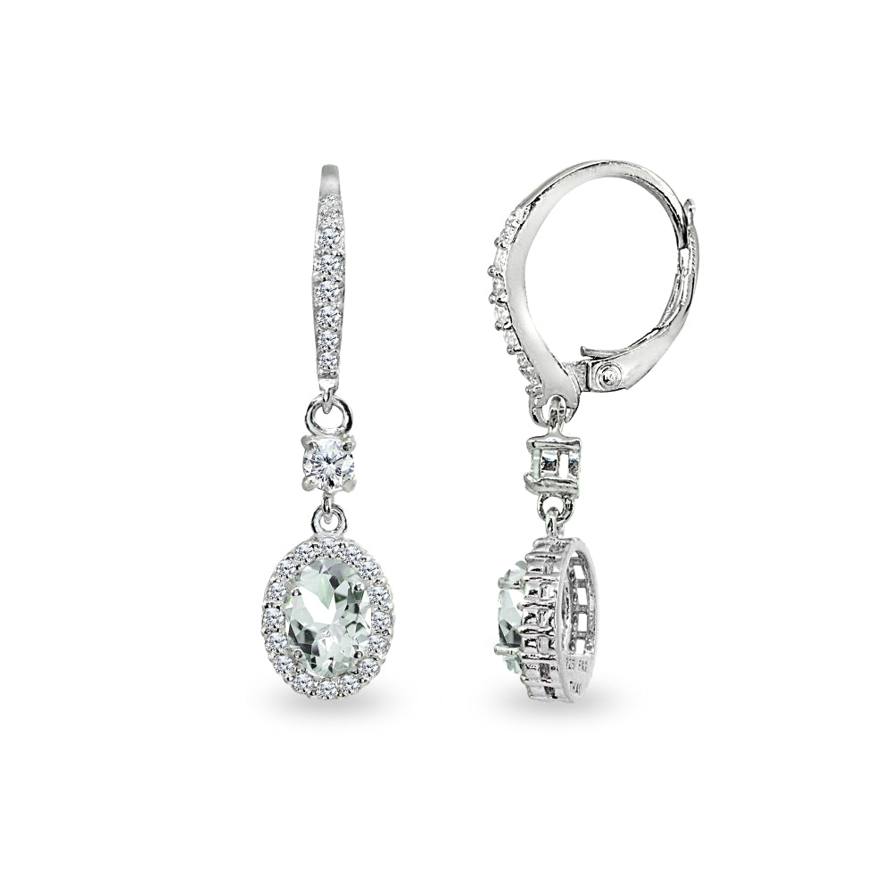 Sterling Silver Light Aquamarine & Cubic Zirconia 7x5mm Oval-Cut Halo Leverback Earrings