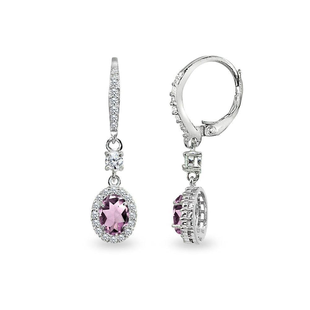 Sterling Silver Created Alexandrite & Cubic Zirconia 7x5mm Oval-Cut Halo Leverback Earrings