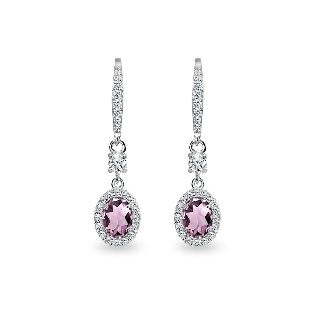 Sterling Silver Created Alexandrite & Cubic Zirconia 7x5mm Oval-Cut Halo Leverback Earrings-2