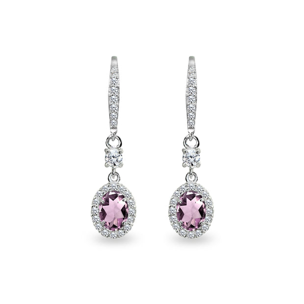 Sterling Silver Created Alexandrite & Cubic Zirconia 7x5mm Oval-Cut Halo Leverback Earrings