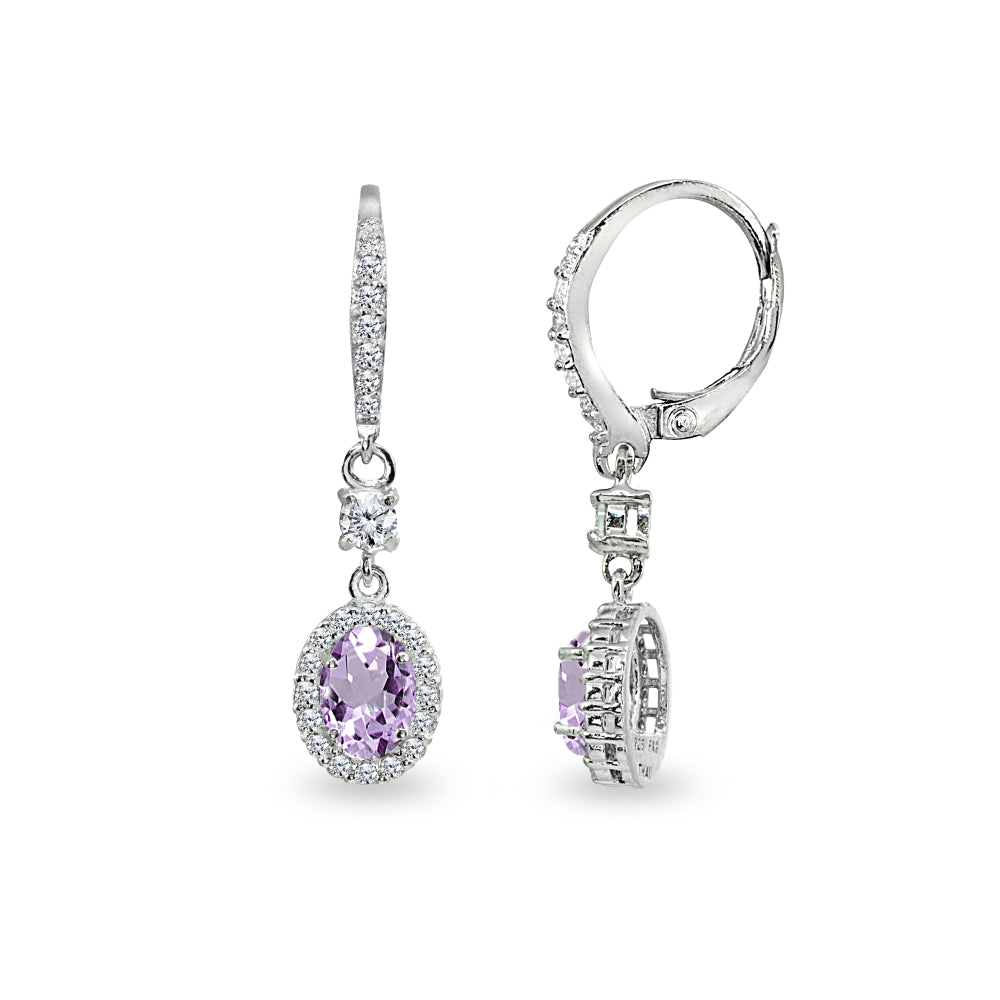 Sterling Silver Amethyst & Cubic Zirconia 7x5mm Oval-Cut Halo Leverback Earrings