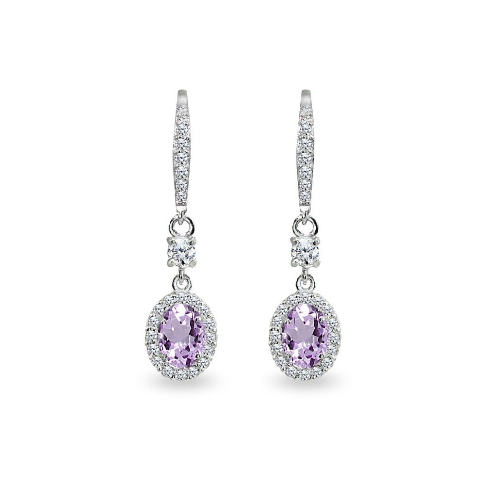 Sterling Silver Amethyst & Cubic Zirconia 7x5mm Oval-Cut Halo Leverback Earrings-2