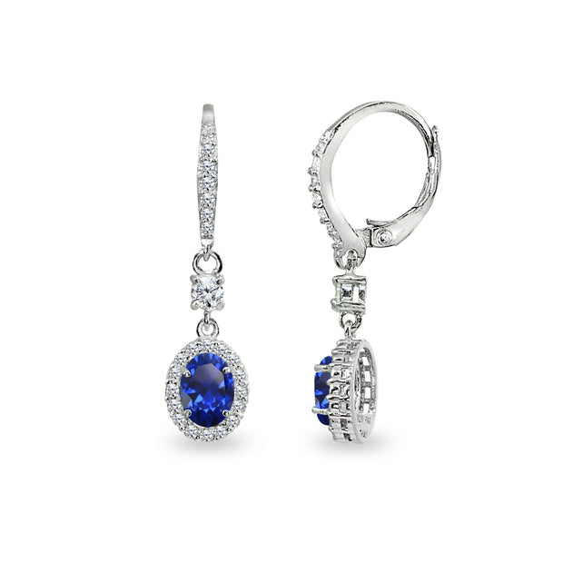 Sterling Silver Created Blue Sapphire & Cubic Zirconia 7x5mm Oval-Cut Halo Leverback Earrings
