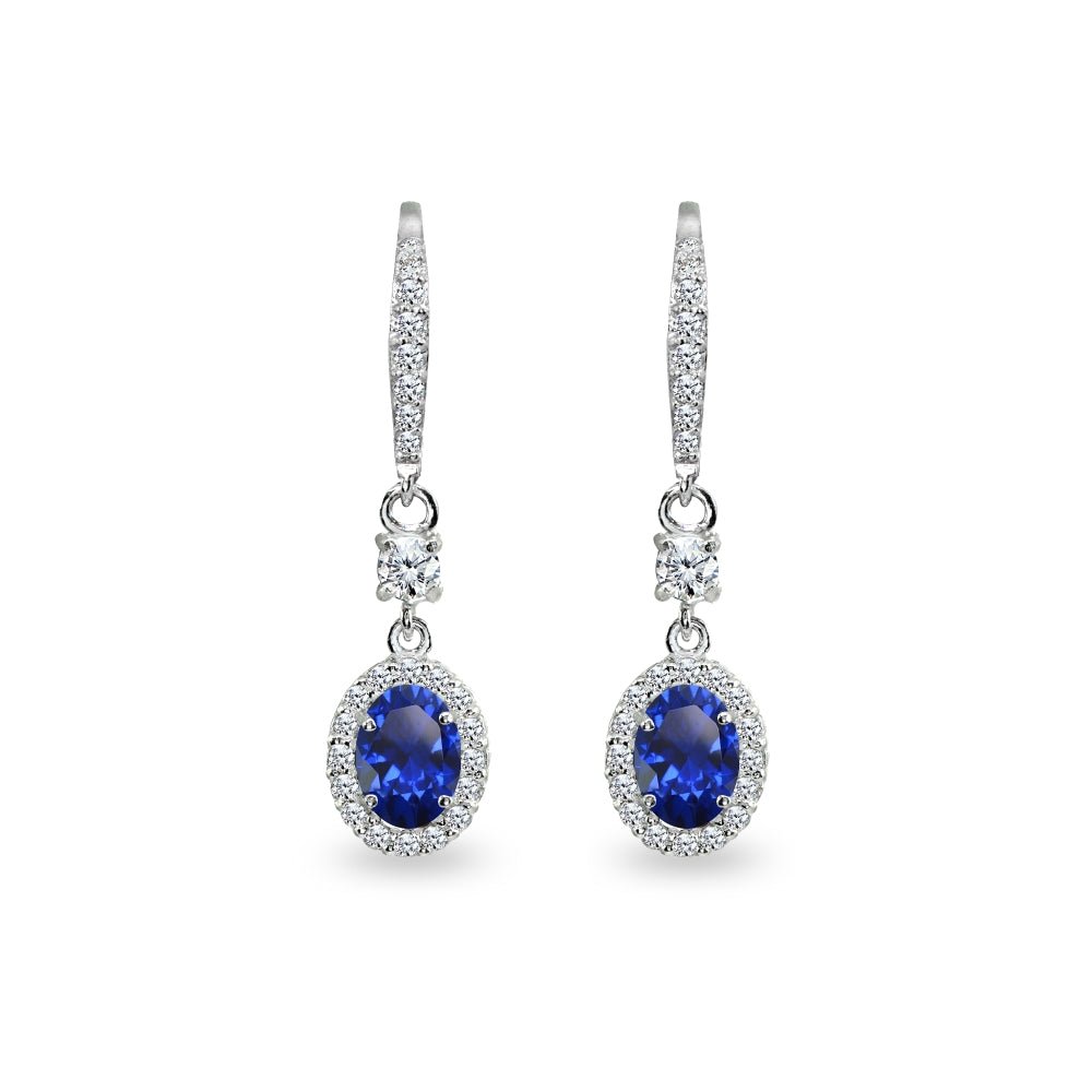 Sterling Silver Created Blue Sapphire & Cubic Zirconia 7x5mm Oval-Cut Halo Leverback Earrings-2