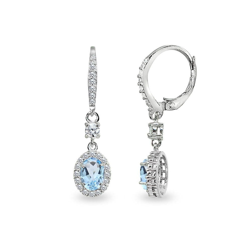 Sterling Silver Blue Topaz & Cubic Zirconia 7x5mm Oval-Cut Halo Leverback Earrings