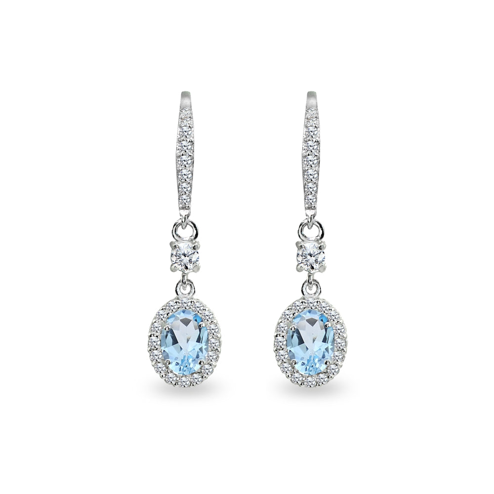 Sterling Silver Blue Topaz & Cubic Zirconia 7x5mm Oval-Cut Halo Leverback Earrings-2
