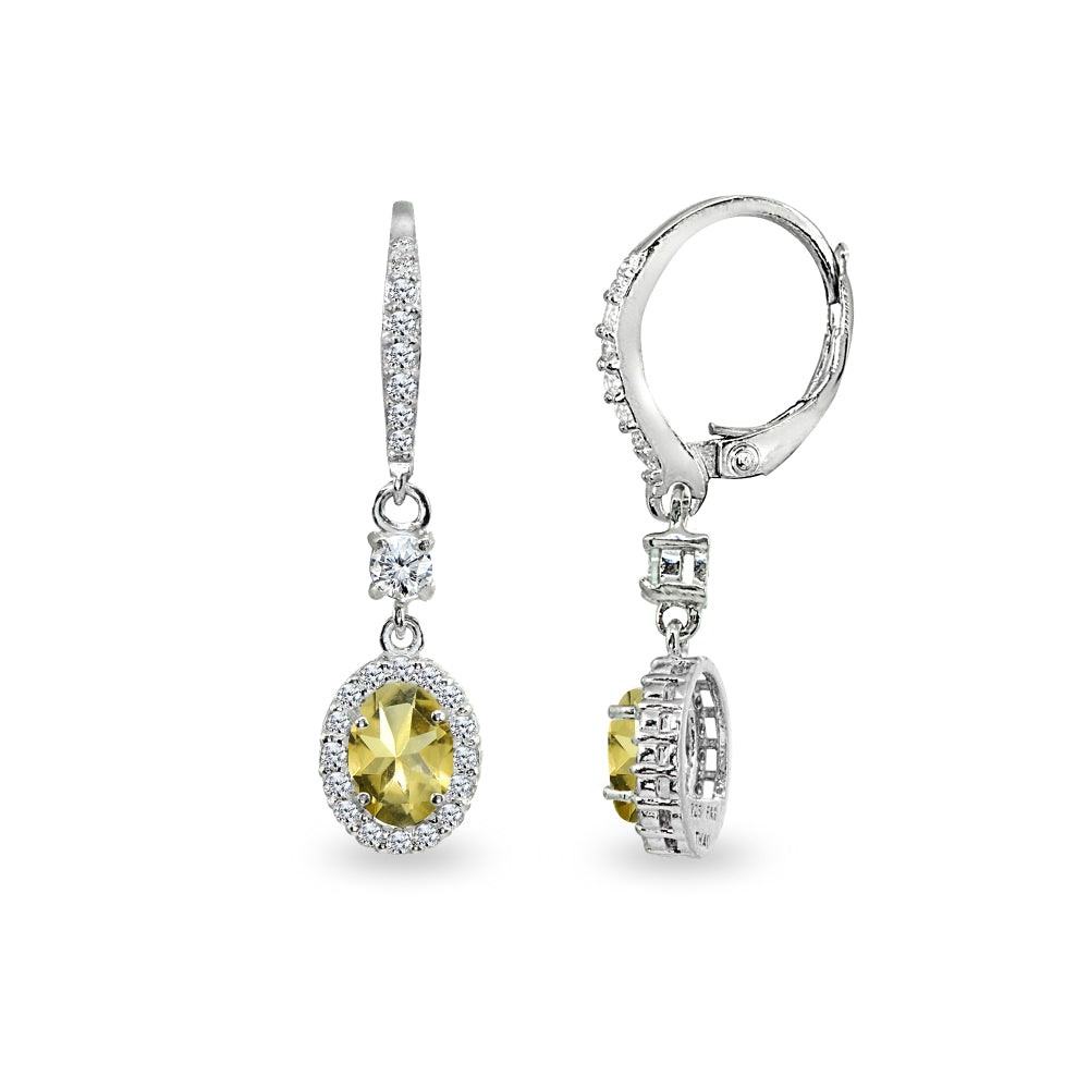 Sterling Silver Citrine & Cubic Zirconia 7x5mm Oval-Cut Halo Leverback Earrings
