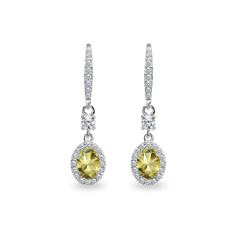 Sterling Silver Citrine & Cubic Zirconia 7x5mm Oval-Cut Halo Leverback Earrings-3