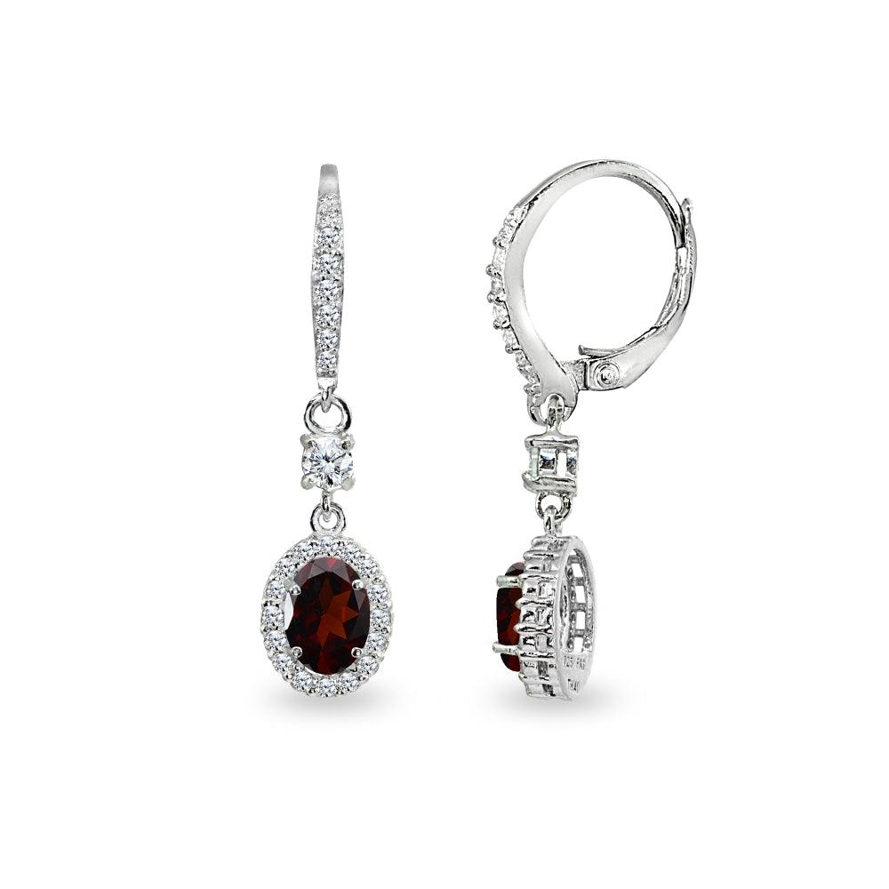 Sterling Silver Garnet & Cubic Zirconia 7x5mm Oval-Cut Halo Leverback Earrings