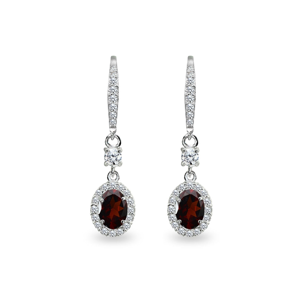 Sterling Silver Garnet & Cubic Zirconia 7x5mm Oval-Cut Halo Leverback Earrings-2