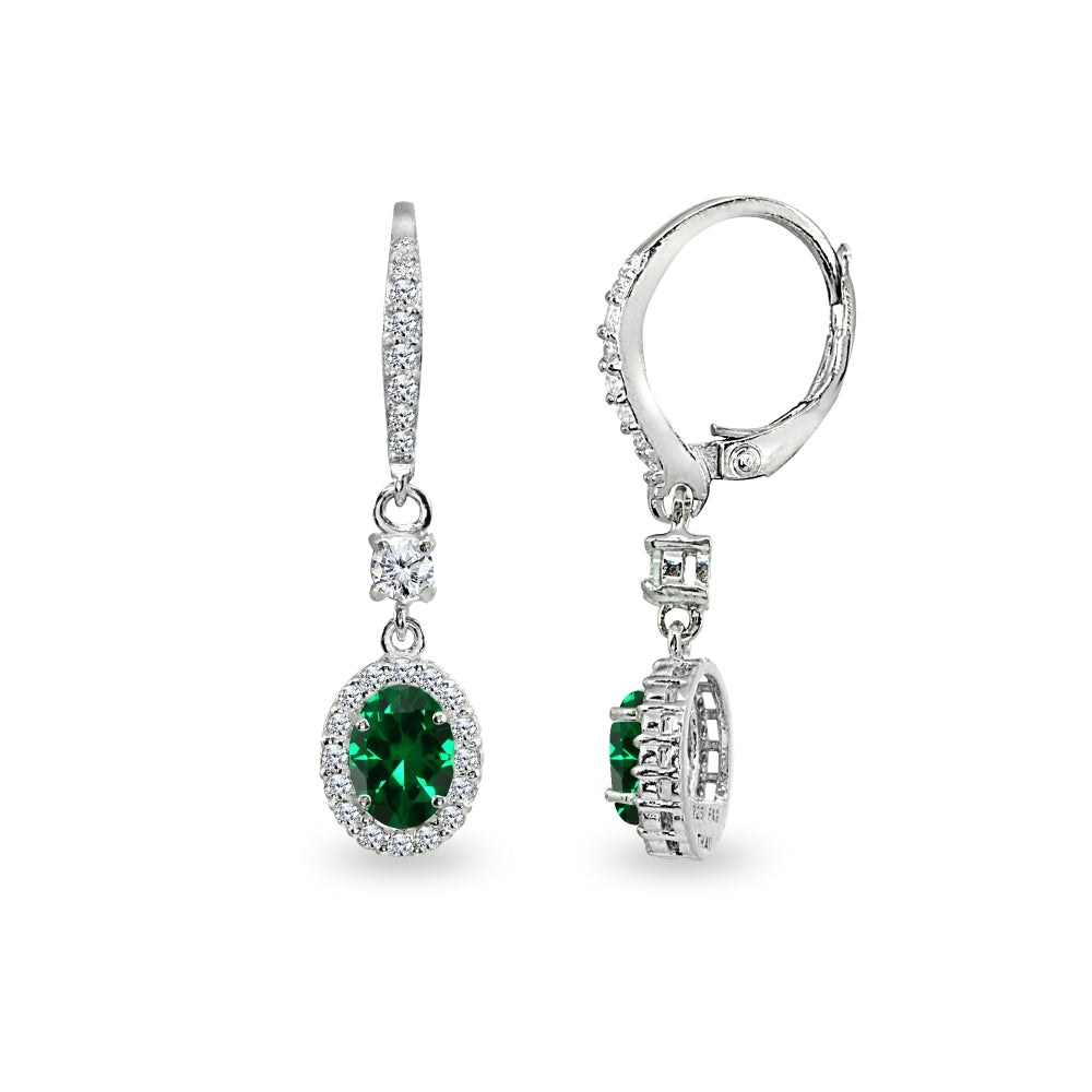 Sterling Silver Simulated Emerald & Cubic Zirconia 7x5mm Oval-Cut Halo Leverback Earrings