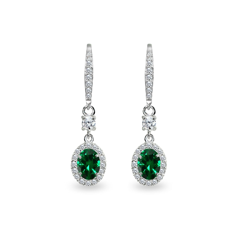 Sterling Silver Simulated Emerald & Cubic Zirconia 7x5mm Oval-Cut Halo Leverback Earrings-2