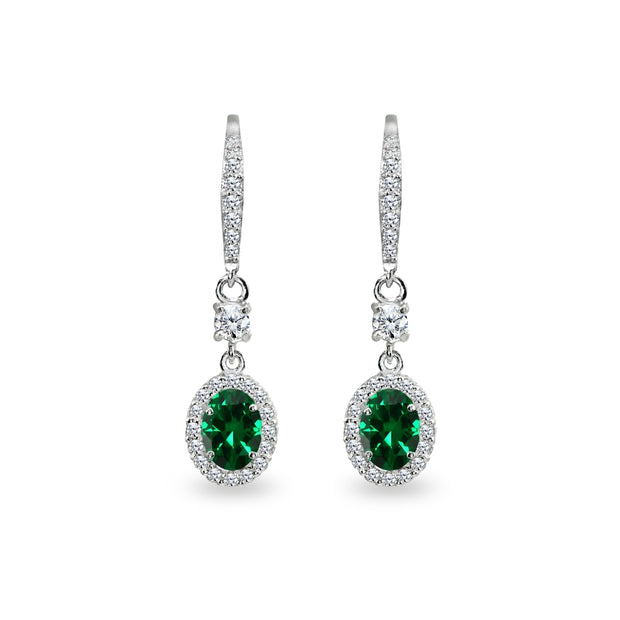 Sterling Silver Simulated Emerald & Cubic Zirconia 7x5mm Oval-Cut Halo Leverback Earrings