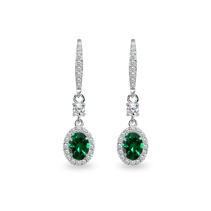 Sterling Silver Simulated Emerald & Cubic Zirconia 7x5mm Oval-Cut Halo Leverback Earrings