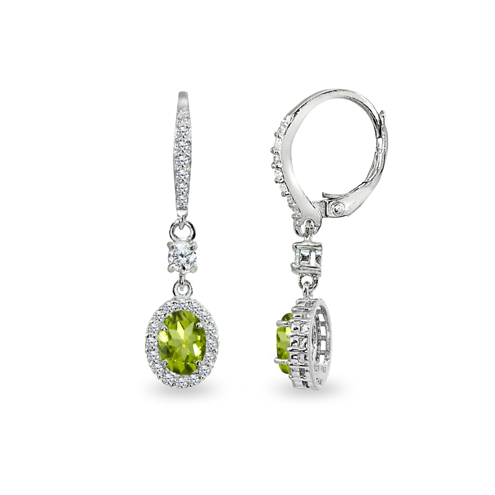 Sterling Silver Peridot & Cubic Zirconia 7x5mm Oval-Cut Halo Leverback Earrings