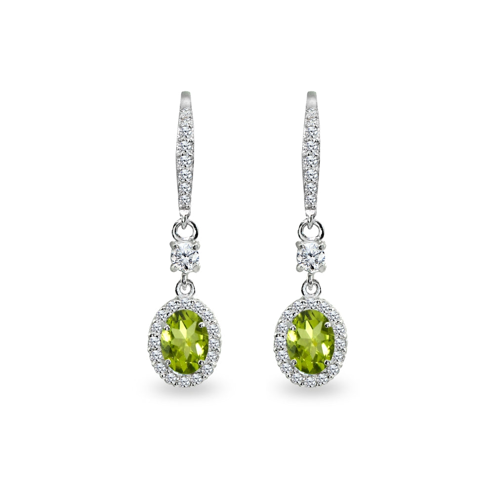 Sterling Silver Peridot & Cubic Zirconia 7x5mm Oval-Cut Halo Leverback Earrings-2
