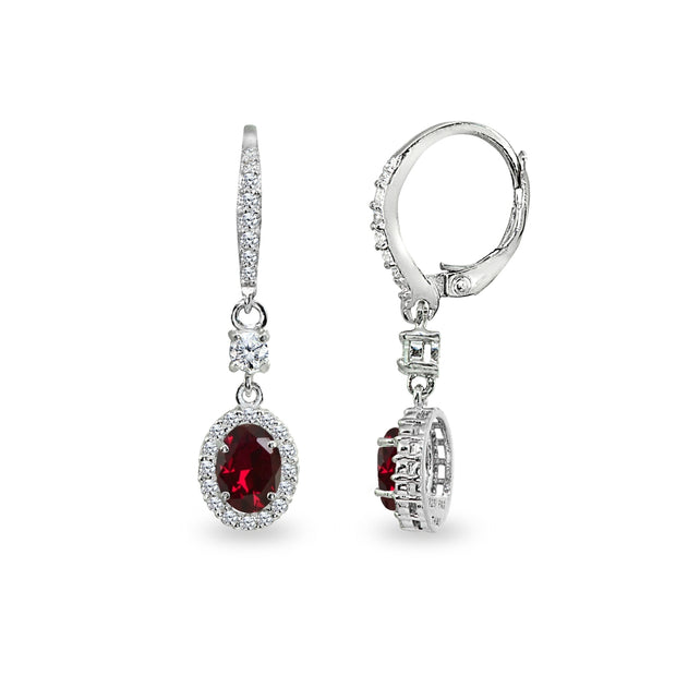 Sterling Silver Created Ruby & Cubic Zirconia 7x5mm Oval-Cut Halo Leverback Earrings