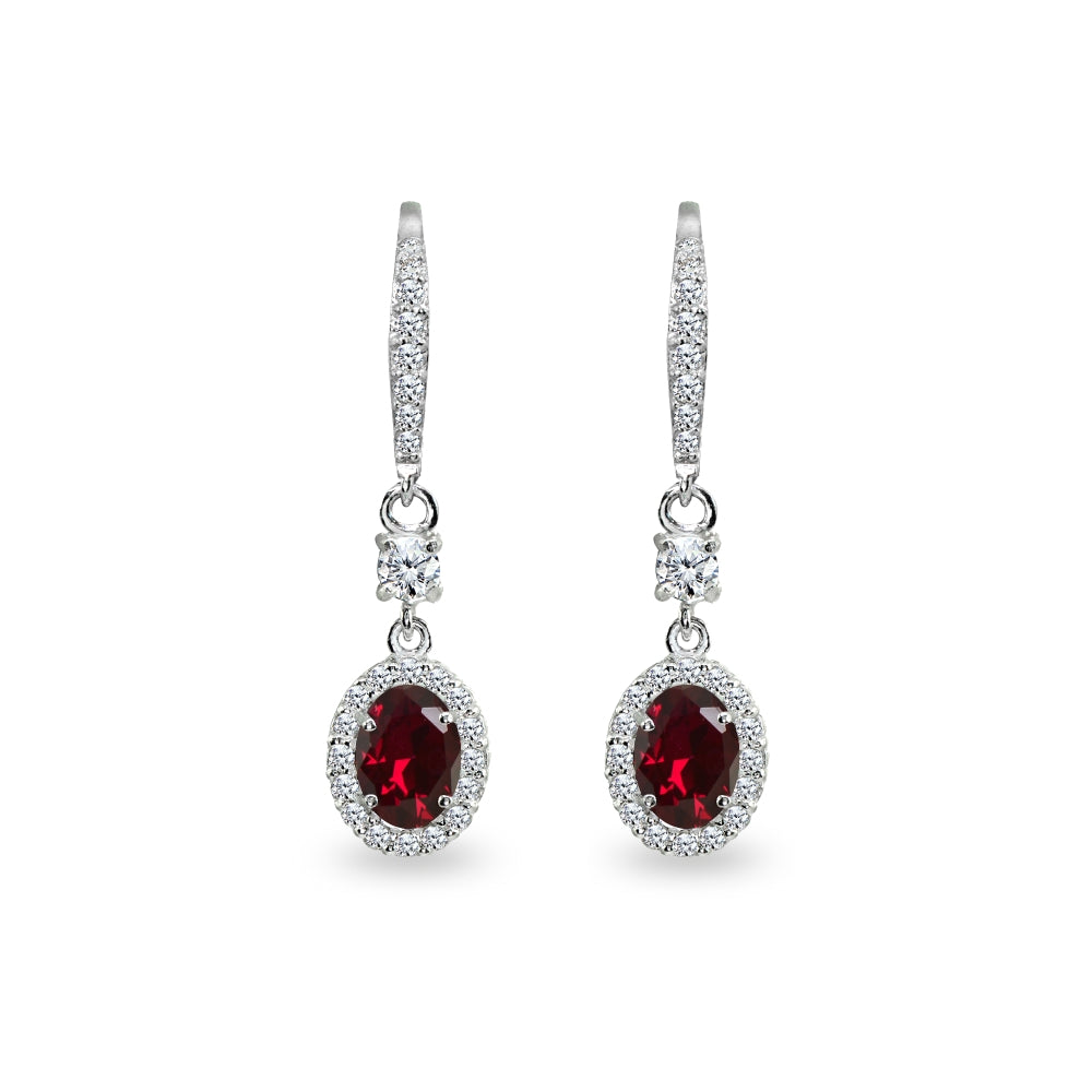 Sterling Silver Created Ruby & Cubic Zirconia 7x5mm Oval-Cut Halo Leverback Earrings-2