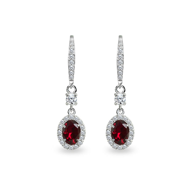 Sterling Silver Created Ruby & Cubic Zirconia 7x5mm Oval-Cut Halo Leverback Earrings