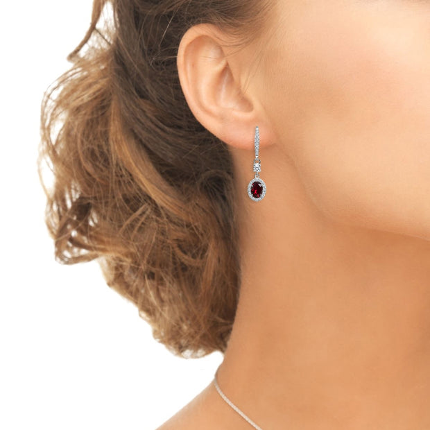 Sterling Silver Created Ruby & Cubic Zirconia 7x5mm Oval-Cut Halo Leverback Earrings