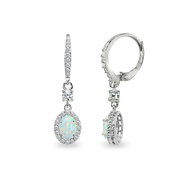 Sterling Silver Created White Opal & Cubic Zirconia 7x5mm Oval-Cut Halo Leverback Earrings