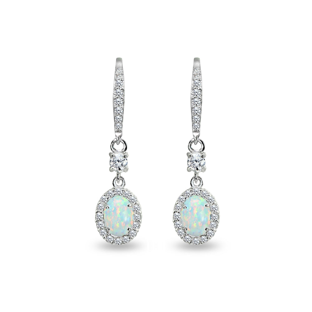 Sterling Silver Created White Opal & Cubic Zirconia 7x5mm Oval-Cut Halo Leverback Earrings-2