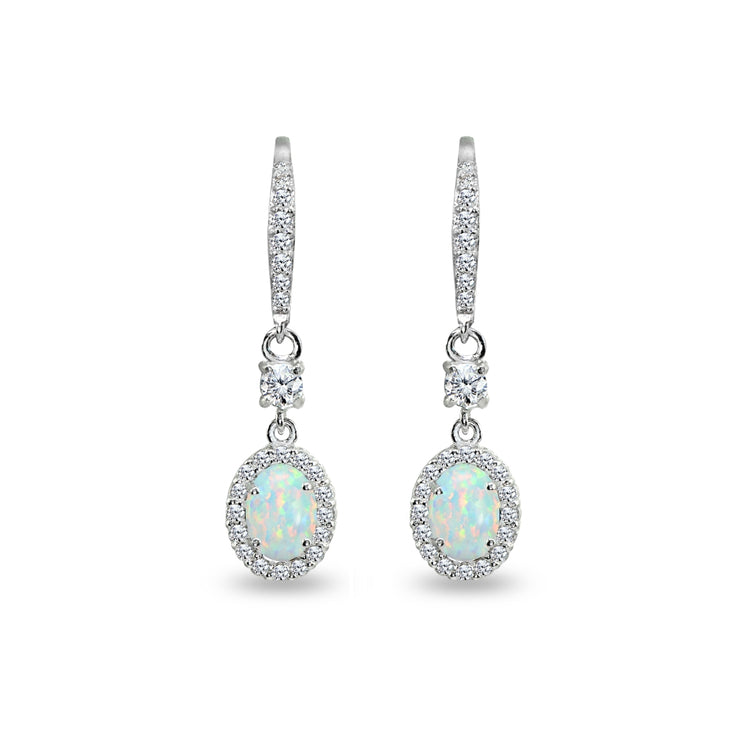 Sterling Silver Created White Opal & Cubic Zirconia 7x5mm Oval-Cut Halo Leverback Earrings
