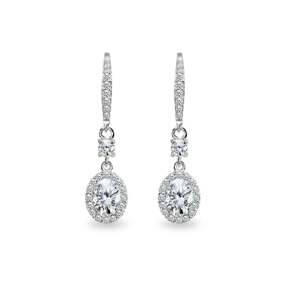 Sterling Silver Cubic Zirconia 7x5mm Oval-Cut Halo Leverback Earrings-2