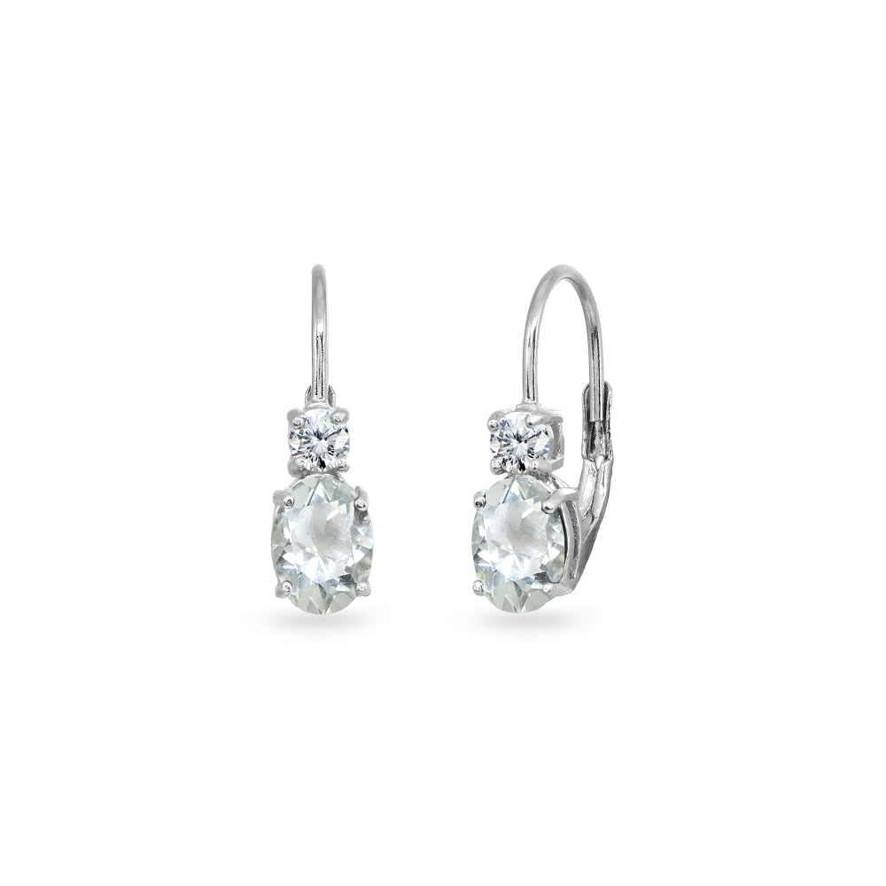 Sterling Silver Light Aquamarine 7x5mm Oval-Cut and 3mm Round-Cut CZ Dainty Leverback Earrings